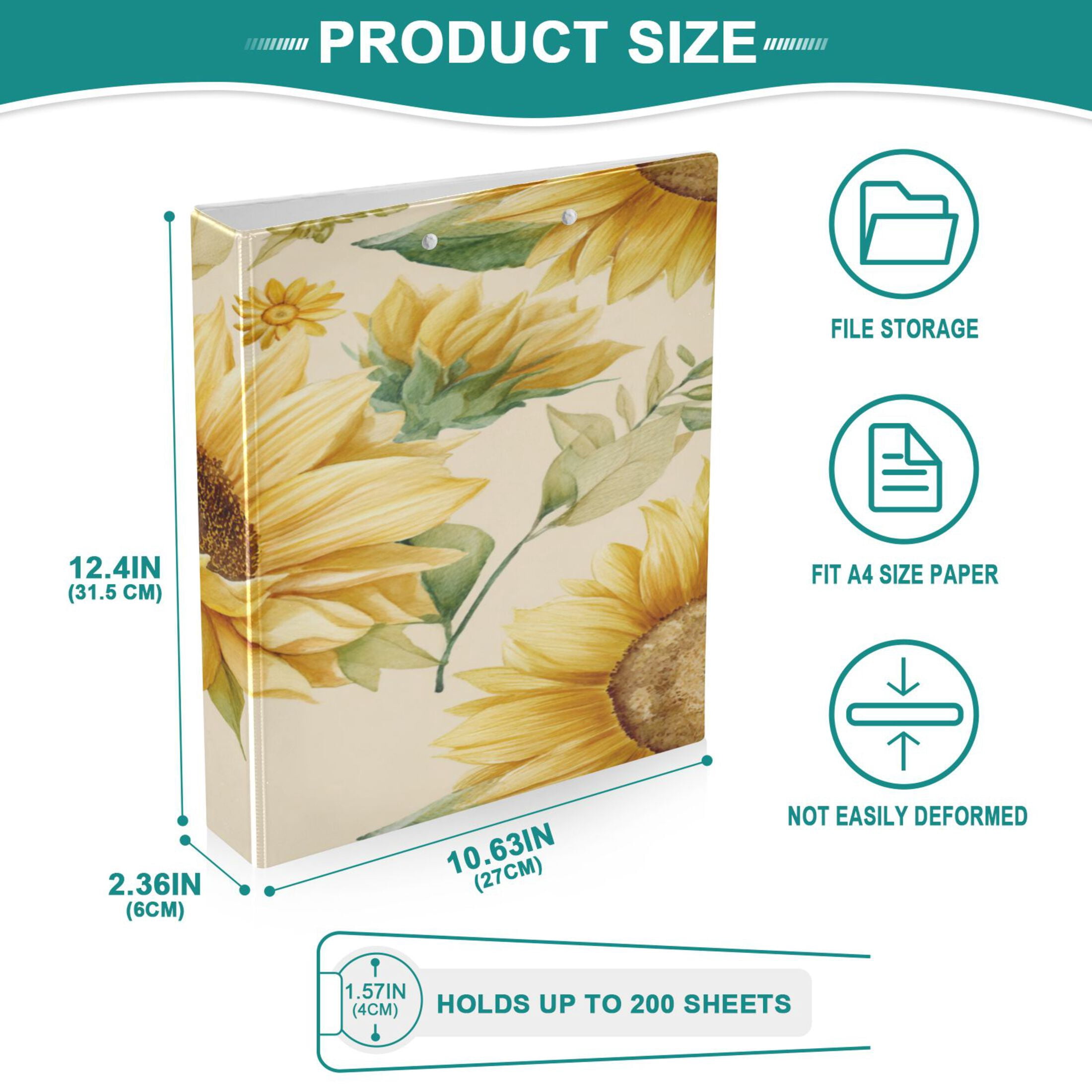 3 Ring Binder 1.5 inch Round Rings with Interior Pockets Binders Organizer Office School 2Pack Vintage Fashion Sunflowers