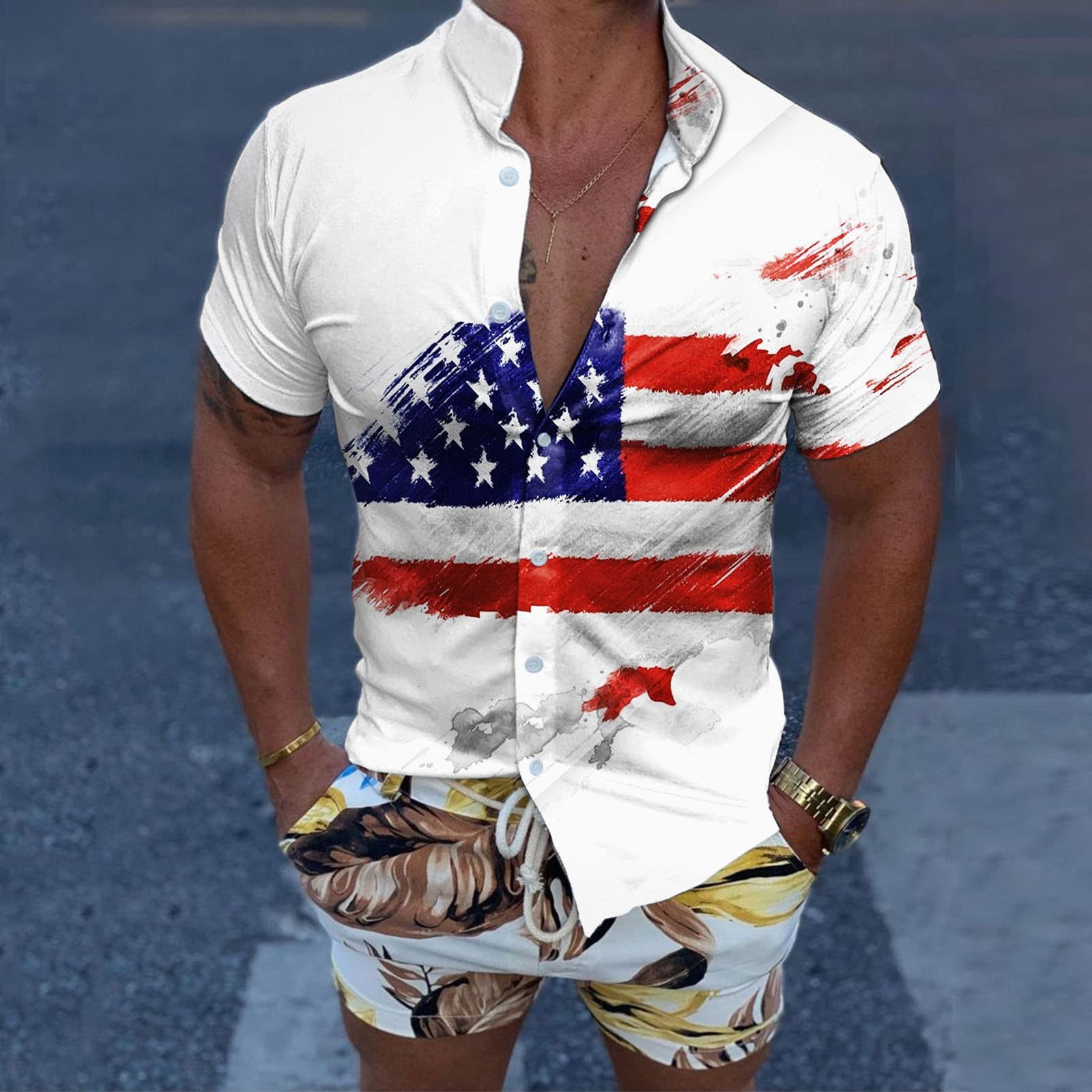 Classic USA flag short sleeve button down shirt roviagate.com
