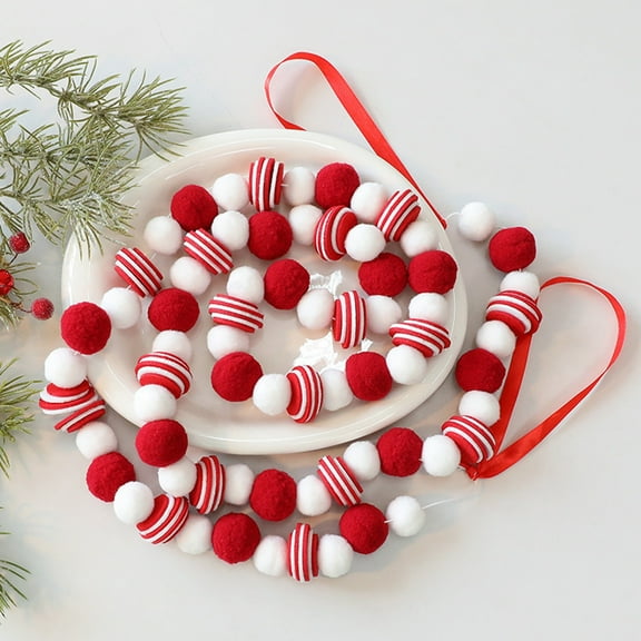 Opvise Felt Ball Garland 180cm Red and White Plush and Striped Decorative Christmas Ornament for Tree Fireplace and Home Decor