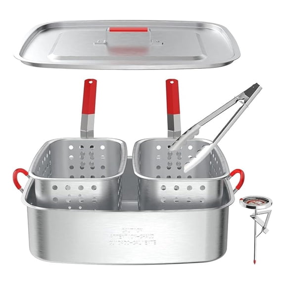 Deep Fryer Pot 18QT | Fish Fryer Pot with 2*9QT Baskets | Heat-Resistant Silicone Handles | Lid & Fryer Tong & Thermometer | Outdoor Fryer Pot for Frying Fish, French Fries, Chicken | Aluminum