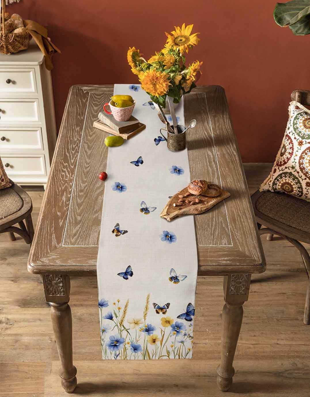 nqOlkjepod Blue Floral Table Runner 60 Inches Long Farmhouse Dress Scarves, Yellow Flower Butterflies Country Plant Dining Tablerunner for Coffee Table/Kitchen Island/Party Décor, 13" x 60"