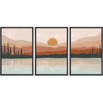 Wall26 Framed Prints Canvas Wall Art Set of 3 Pastel Mountain Range Forest Lake Reflection Nature Wilderness Illustrations Decoration Multicolor Modern Home Wall Decora - Black 16"x24"x3