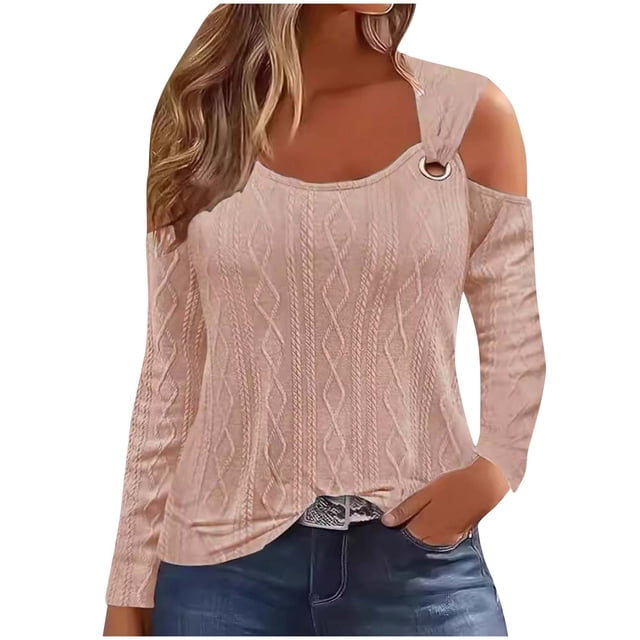 Timegard Hauts pour Femmes Col Rond Épaules Dénudées Manches Longues Chemises Couleur Unie Tunique Décontractée Habillée