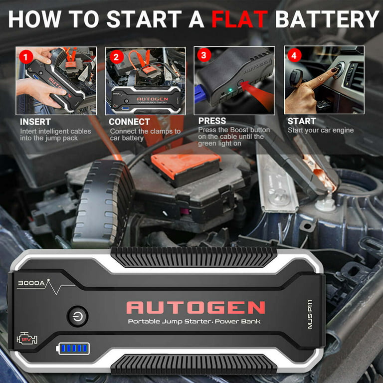 AUTOGEN 3000A 12V Lithium Car Jump Starter Box for Up to 10.0L Gas & Diesel