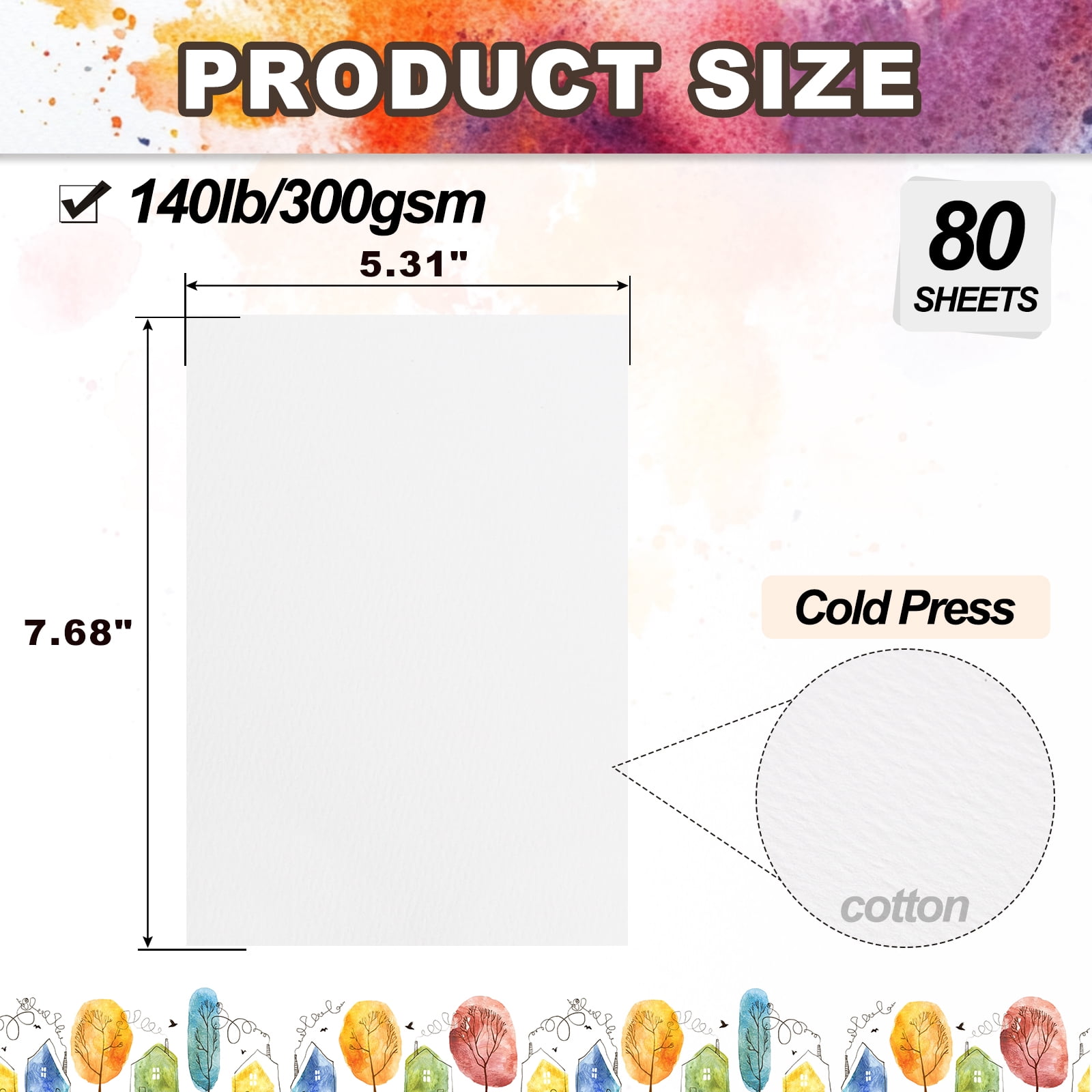 Uxcell 80 Sheets Cotton Watercolor Paper 140lb/300 GSM Cold Press Water 7.68x5.31 Inch