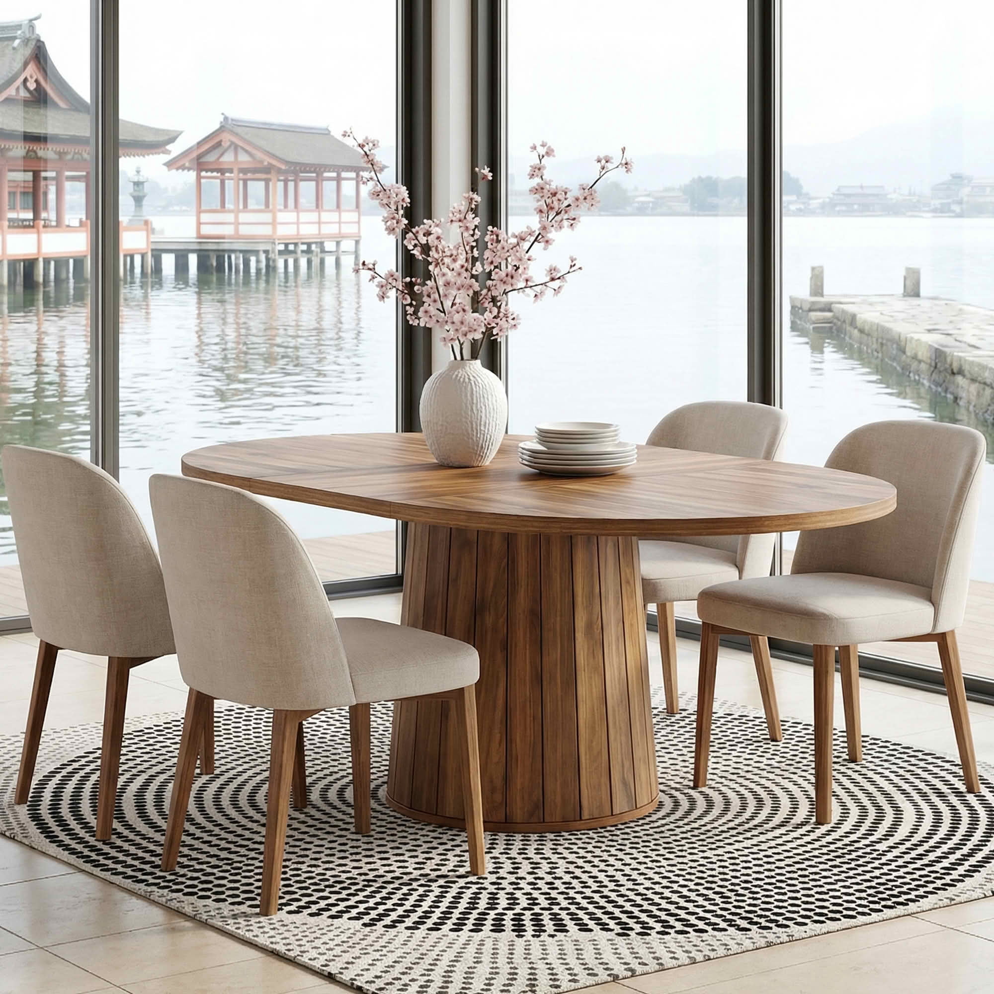 MAYEERTY 55 Inch Oval Dining Table, Elegant Kitchen Dinner Table with Cylindrical Wooden Pedestal Base for Family Dining