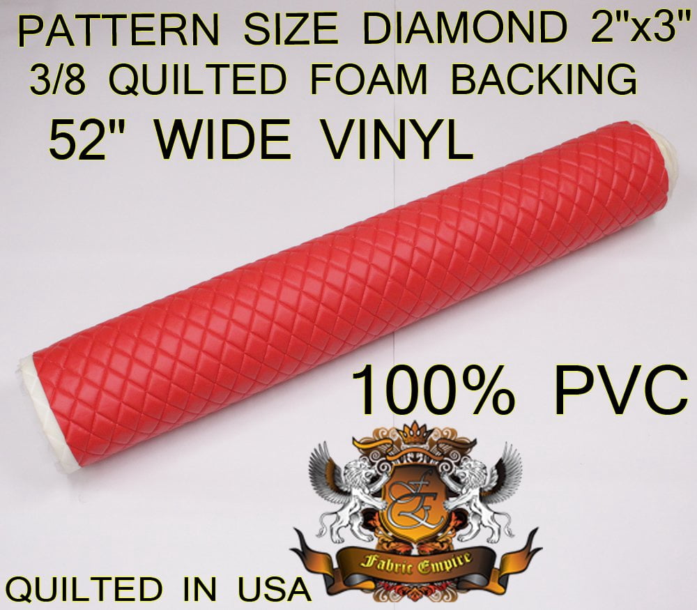 Quilted Vinyl Padded Upholstery Fabric w 3/8" Foam Backing Pebble Grain 2"x3" Diamond /52" Wide/Continuous Yard/ Vehicle Restoration, Costume Jacket Material, Quilted Backdrop, Stain Resistant (Red)