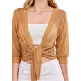 thumbnail image 7 of AHMOMEI Women’s Shimmer Sheer Mesh Tie-Front Shrug, 3/4 Sleeve Open Front Cropped Cover Up, Lightweight Knit Cardigan for Summer Beige L, 7 of 7