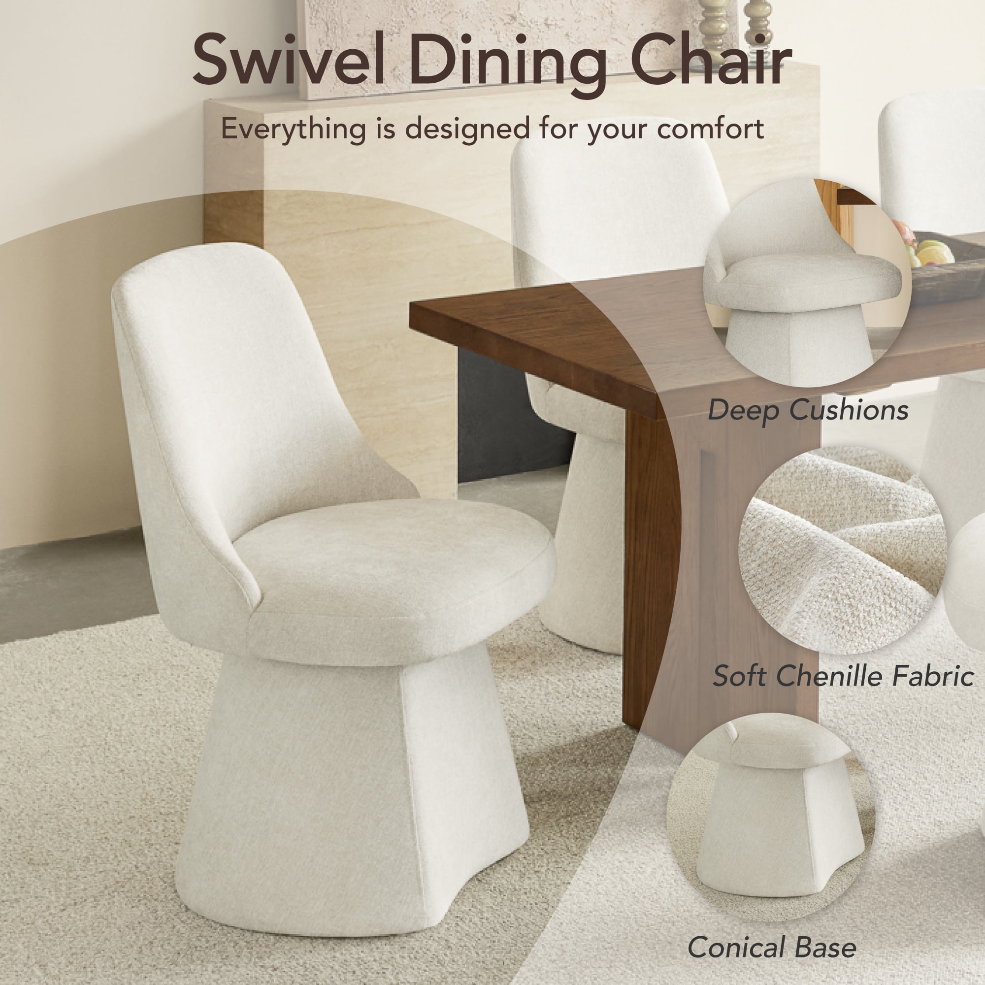Spruce & Spring Modern 360-Degree Swivel Upholstered Dining Chair, Faux Leather Accent Chair with Conical Base, Cream