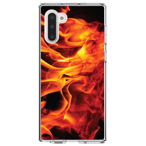 DistinctInk Clear Shockproof Hybrid Case for Samsung Galaxy Note 10 (6.3" Screen) - TPU Bumper, Acrylic Back, Tempered Glass Screen Protector - Red Black Flame Fire - Printed Image of Fire