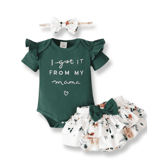 PatPat 3pcs Baby Girl 95% Cotton Short-Sleeve Letter Print Romper & Floral Print Layered Ruffled Shorts & Headband Set,0-18 Month