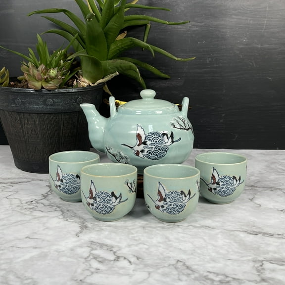 Crane and Cloud Design Blue Colored Glaze Ceramic Kung Fu Tea Set, Teapot and 4 Tea Cups