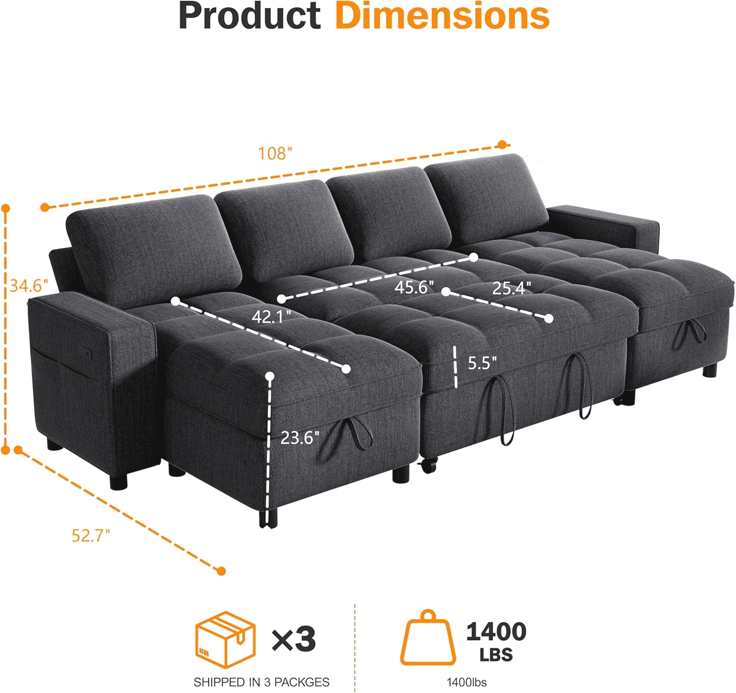Sunny Heart Modular U - Shaped Chenille Sleeper Sofa with Pull - Out Bed, USB Ports, Adjustable Backrest & 2 Storage Seats, Tool - Free Assembly, Dark Grey for Living Room