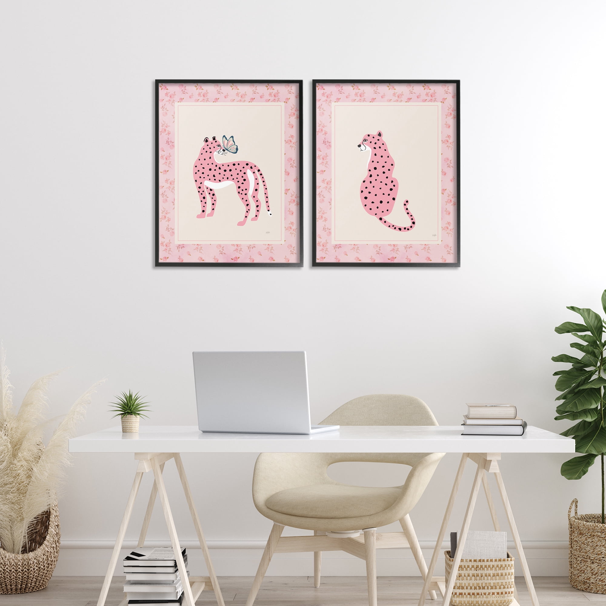Stupell Industries Pink Leopard & Floral Border 2 Piece Black Framed Giclee Art Set, design by Natalie Carpentieri