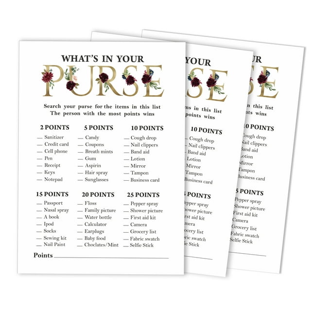 Inkdotpot Wedding Shower Bachelorette Party Bulk ActivityGameCardsWhats In Your Purse Bridal ShowerGame 50-Pack Floral