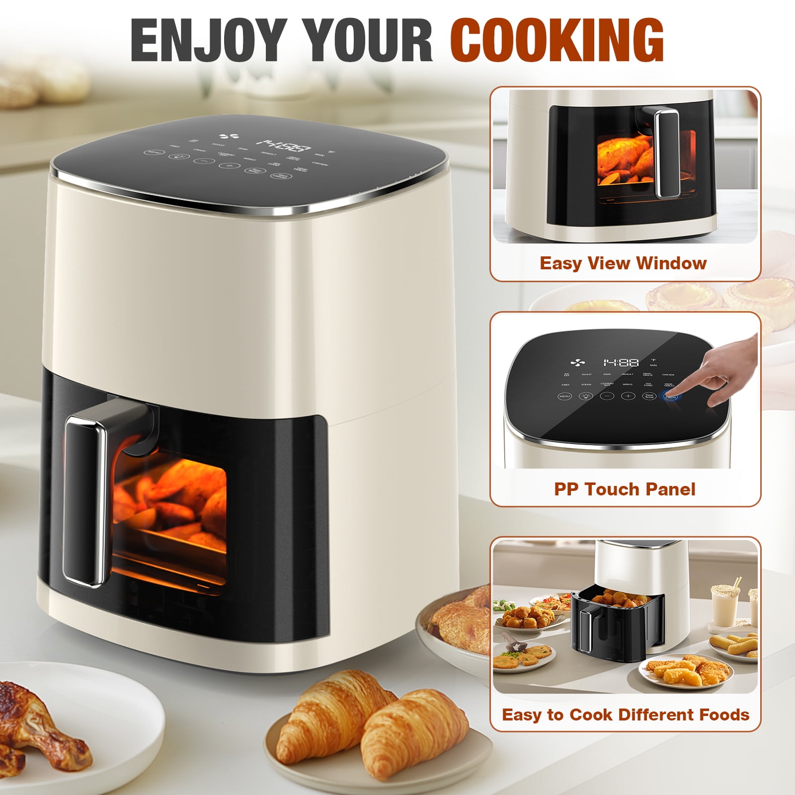 Sellary 6QT Air Fryer with Perspective Window and Light, 12-in-1, non-stick layer, suitable for Air Fry, Roast & More，Beige