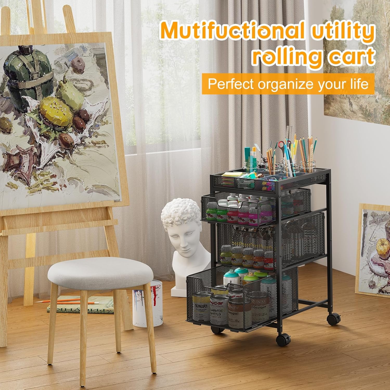 X-COSRACK 3-Drawer Rolling Utility Cart, Heavy-Duty Metal Craft Storage Organizer with DIY Adjustable Dividers & Wheels, Black