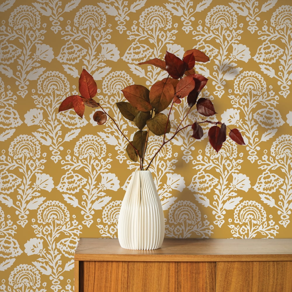 Tempaper Floral Damask Ochre Peel and Stick Wallpaper, 20.5" x 16.5'