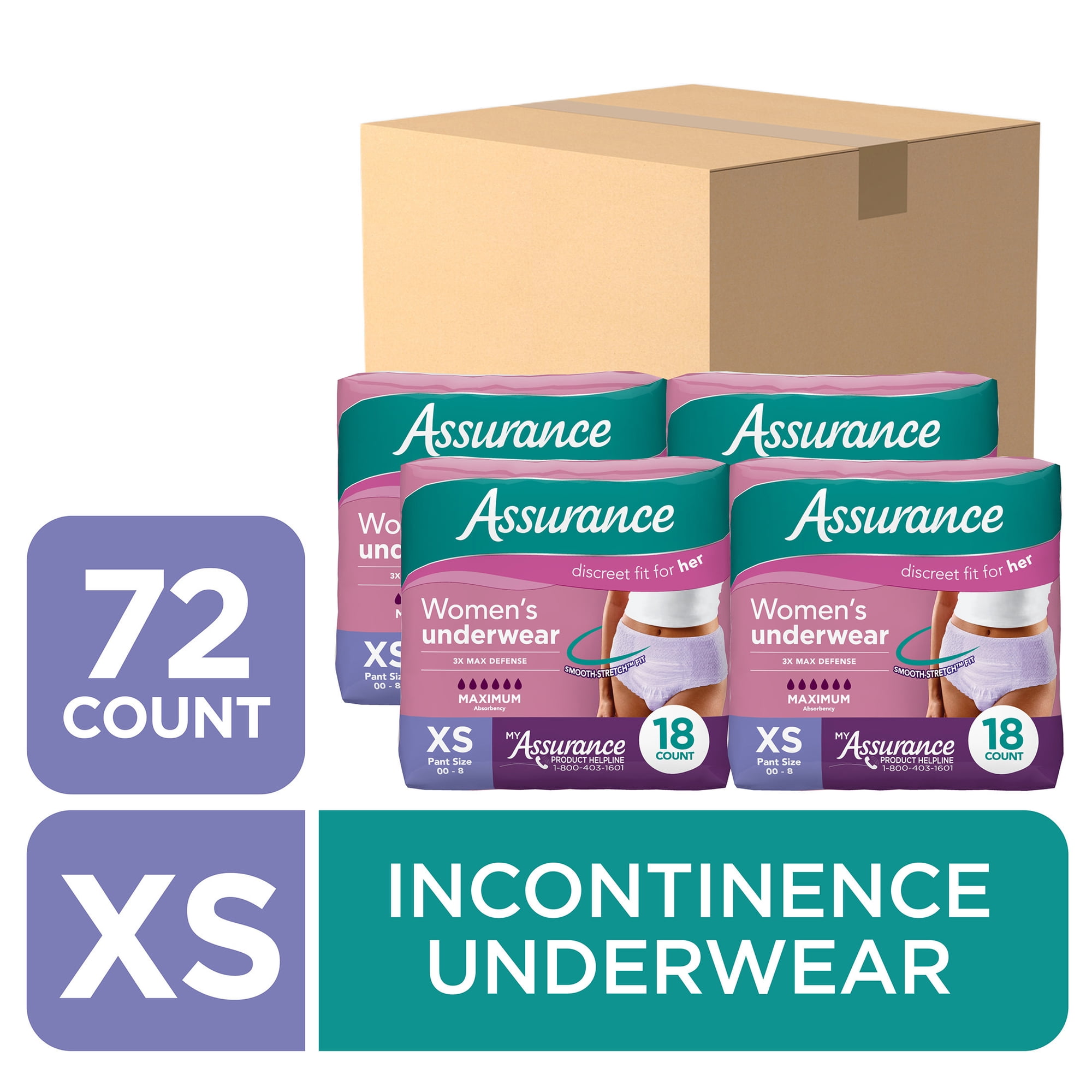 Assurance Women's Incontinence and Postpartum Underwear, XS, Maximum Absorbency, 72 Count