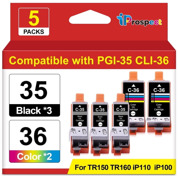 5 Pack PGI-35 CLI-36 Black and Color Value Pack Replacements Compatible with Canon iP100, iP110, TR150 and TR160 Printers, 3 Black 35 | 2 Tri-color 36 Ink