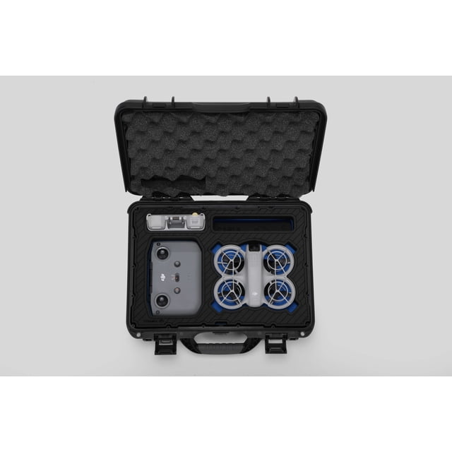 DJI Neo Fly More Combo All-Weather Carry-on Case with Stylish Custom Foam Insert. The image shows an open hard case with a high-density EVA foam insert, securely holding a DJI Neo drone, controller, battery pack, and accessories. The case features a dual-latch system, pressure equalization valve, and weather-resistant design, ideal for travel or storage.