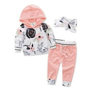 Bilo Infant Baby Girl Floral Pattern Long Sleeve Hoodie and Pants 3 pcs Cotton Outfit (White and Pink Pants, 18-24 Months)