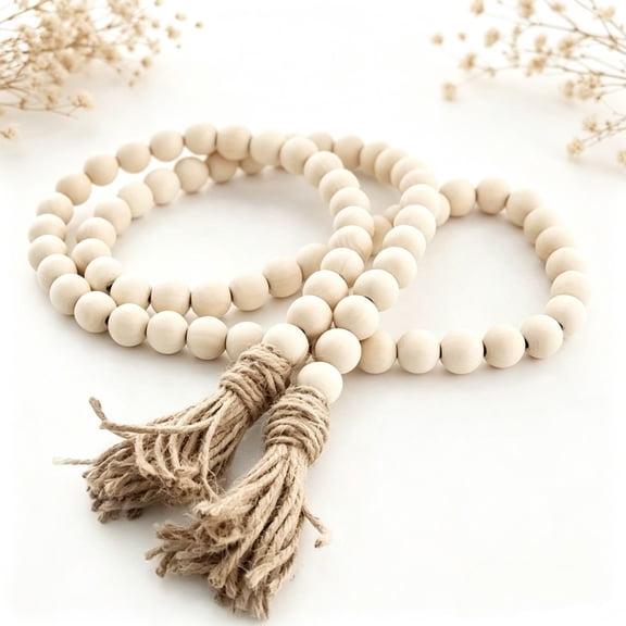 LQQBOX 58 Inches Wood Bead Garland with Tassel,Farmhouse Rustic Prayer Boho Wooden Beads for Tiered Tray Coffee Table Mantel Decor (1 Pack)