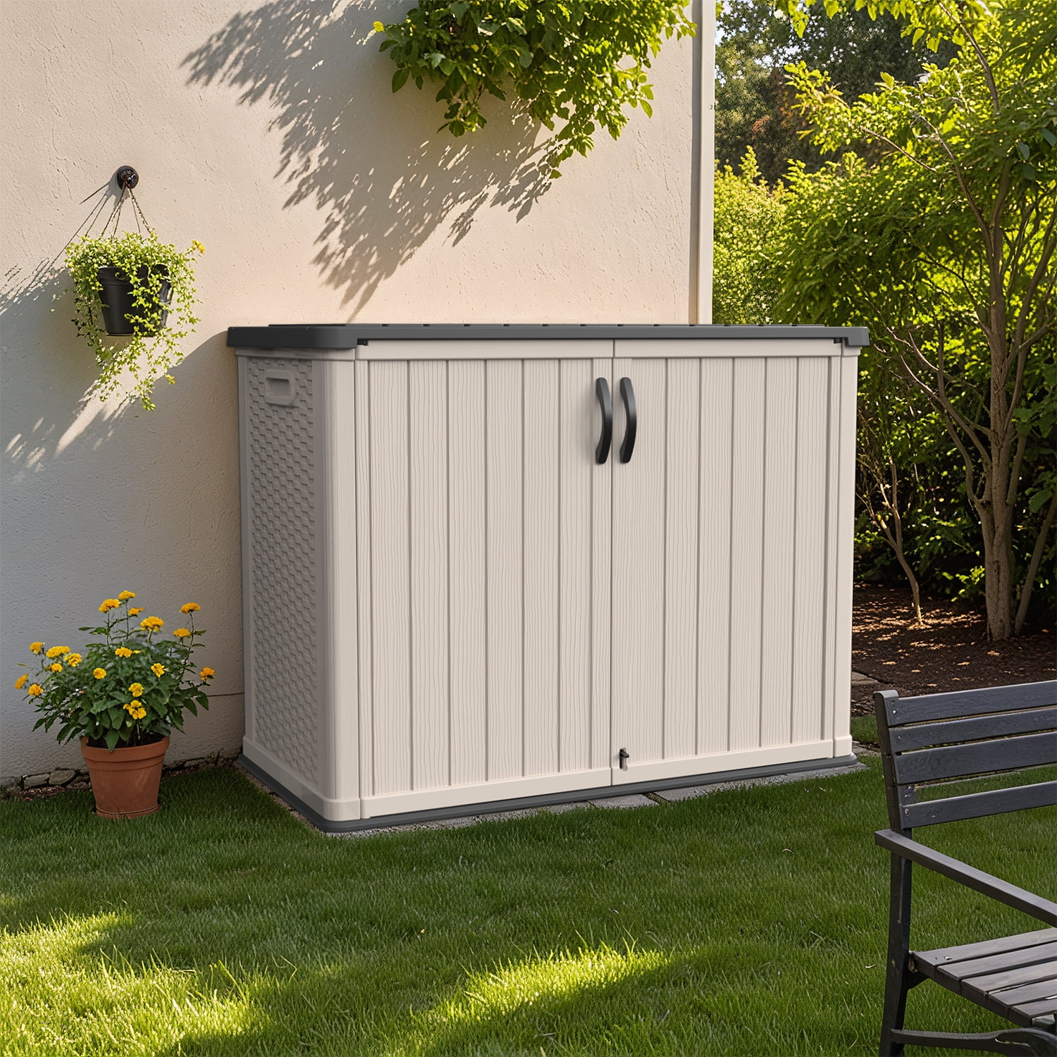 Patiowell 26 Cu.FT Outdoor Storage Shed with Floor, Lockable & Waterproof Horizontal Resin Cabinet for Patio Tools, Beige
