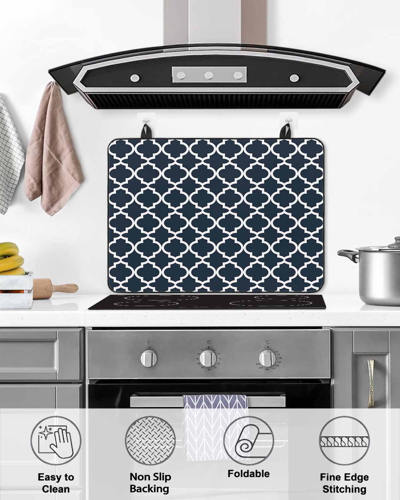 nqOlkjepod Large Induction Cooktop Protector Mat 36"x21", Navy Blue Morocco Stove Top Covers for Electric Stove, Modern Farmhouse Minimalist Plaid Stove Burner Cover Mats, Glass Top Stove Cover