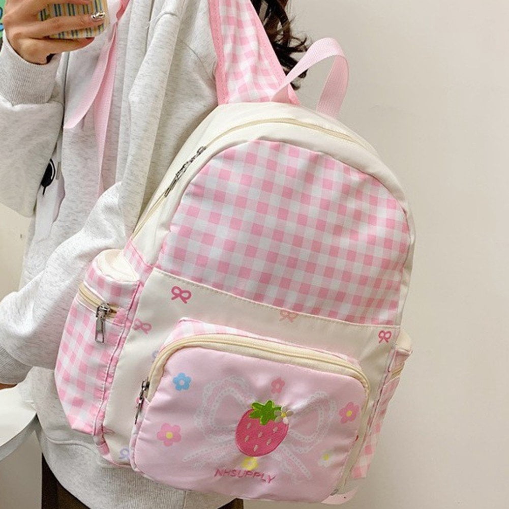 Yvsxxv Strawberry Plaid Backpack, Cute Korean Style Bow Daypack