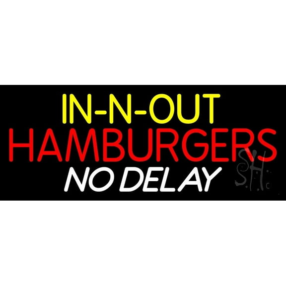 In N Out Hamburgers No Delay LED Neon Sign 13 x 32 - inches, Black Square Cut Acrylic Backing, with Dimmer - Bright and Premium built indoor LED Neon Sign for restaurant window and interior decor.