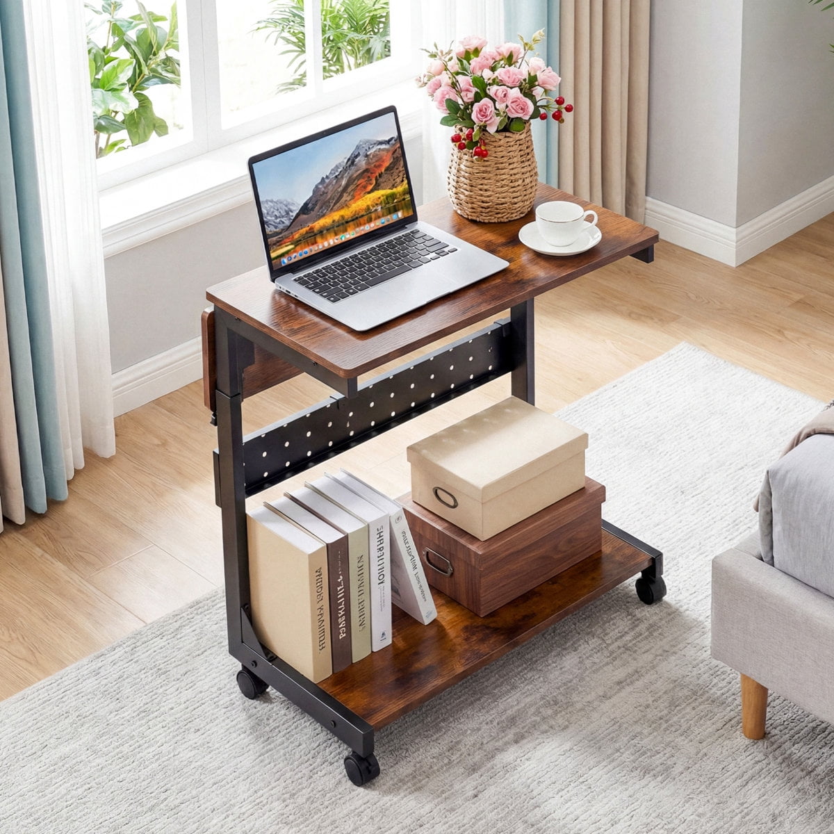 JIOABL Height Adjustable 2-Tier Computer Tower Stand with Folding Panel, Wheels, Pegboard & Mouse Pad, Rust