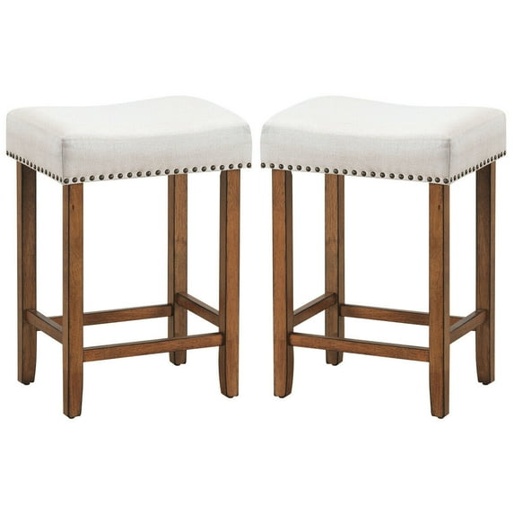 Costway Set of 2 Nailhead Saddle Bar Stools 24'' Height w/ Fabric Seat & Wood Legs Beige