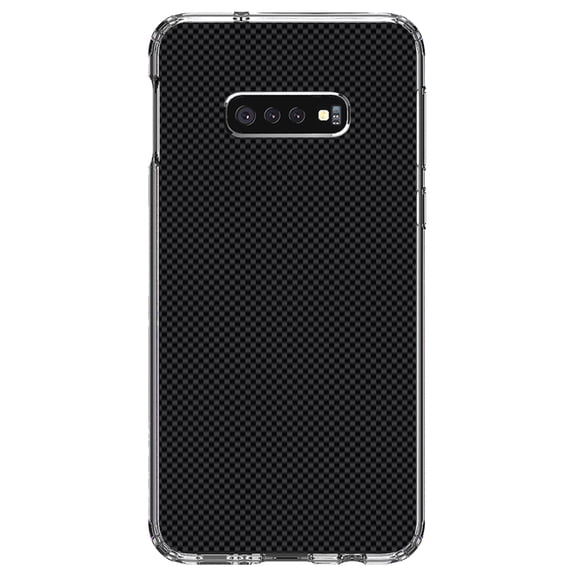DistinctInk Clear Shockproof Hybrid Case for Samsung Galaxy S10e (5.8" Screen) - TPU Bumper, Acrylic Back, Tempered Glass Screen Protector - Black Grey Carbon Fiber Printed Design