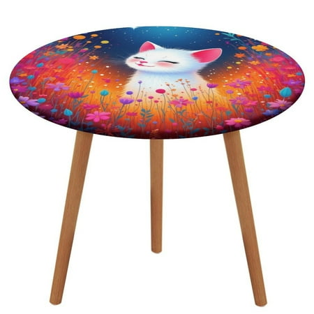 

Cute Cat in Floral Fantasy Round Fitted Tablecloth Elastic Table Cover Waterproof Dining for Indoor Outdoor Decor Table Cloth M-45 -50