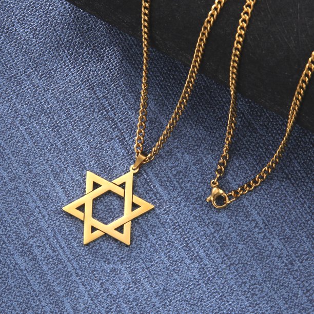 EUEAVAN Gold Star of David Pendant Necklace Stainless Steel Hexagonal Male Jewelry