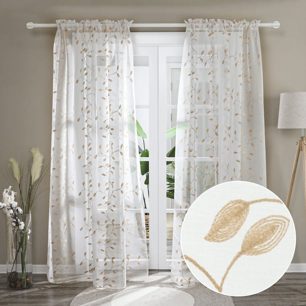Deconovo Beige Sheer Curtains With Leaf Pattern Rod Pocket Window Ds 2 Panels Each 52x72 In Com Deconovo Beige Sheer Curtains With Leaf, Beige Sheer Curtain Panels