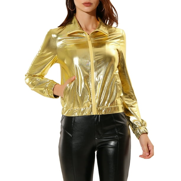 Chaquede chándal pamujer Chaquemetálide manlarbrillante holográficon cremalleen parte delanteOro amarillo XL