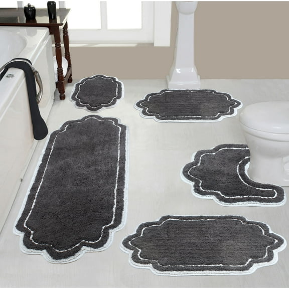 Home Weavers Allure Collection 100% Cotton Non-Slip Bathroom Rug Set Machine Washable Bathroom Rug, U Shaped Contour, Bathroom Rug, Bath Rug, Runner, Dark Gray Color 5 Piece Bath rug set
