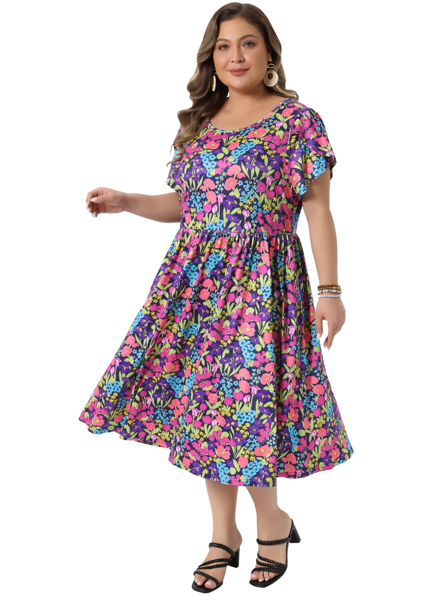 DARING DIVA Women's Plus Floral Print Crew Neck Tulip Midi Dress 3X Black Purple