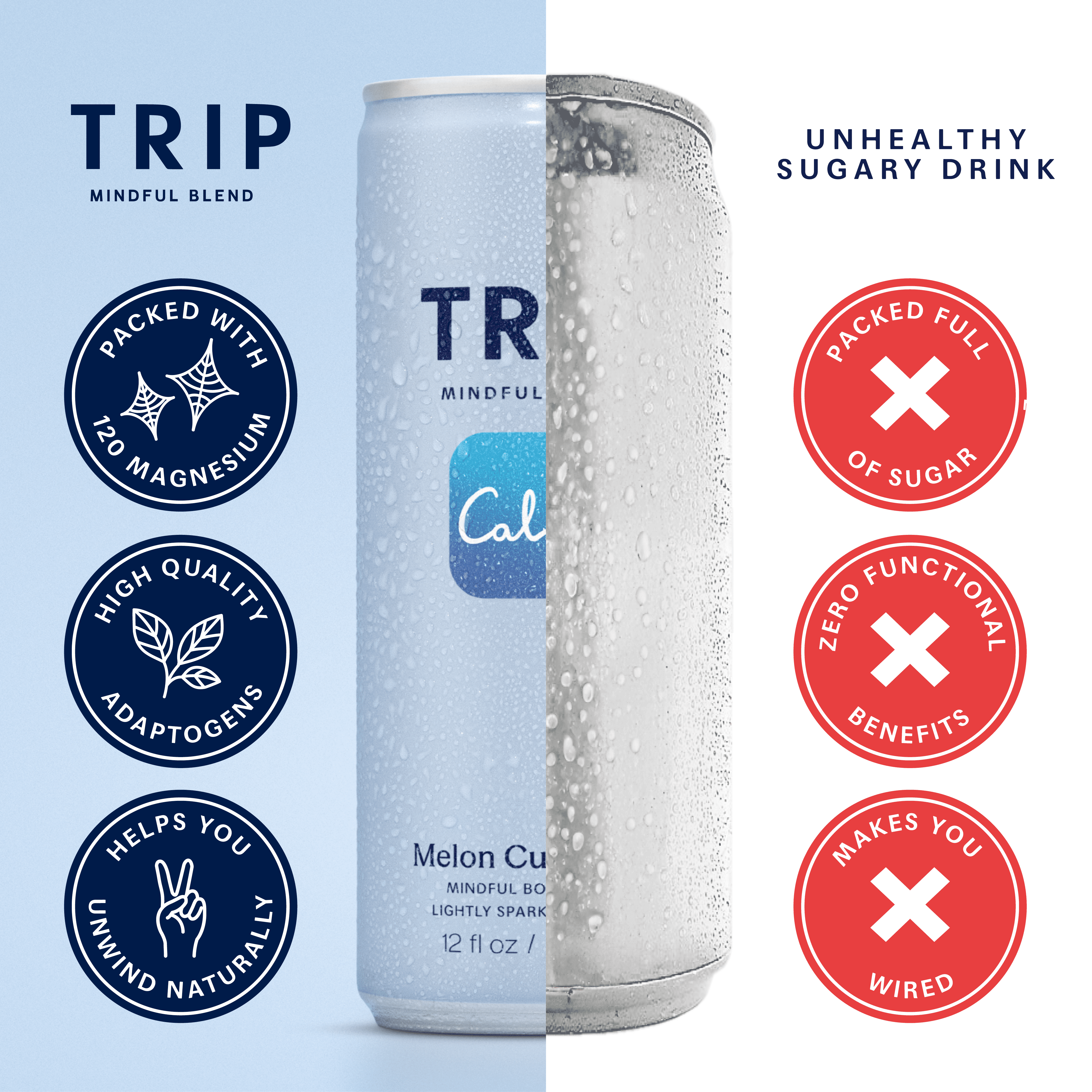 TRIP Sparkling Magnesium Drink, Melon Cucumber Flavor, 12 oz, 12 Pack, Adaptogen Drink With Ashwagandha and Lions Mane