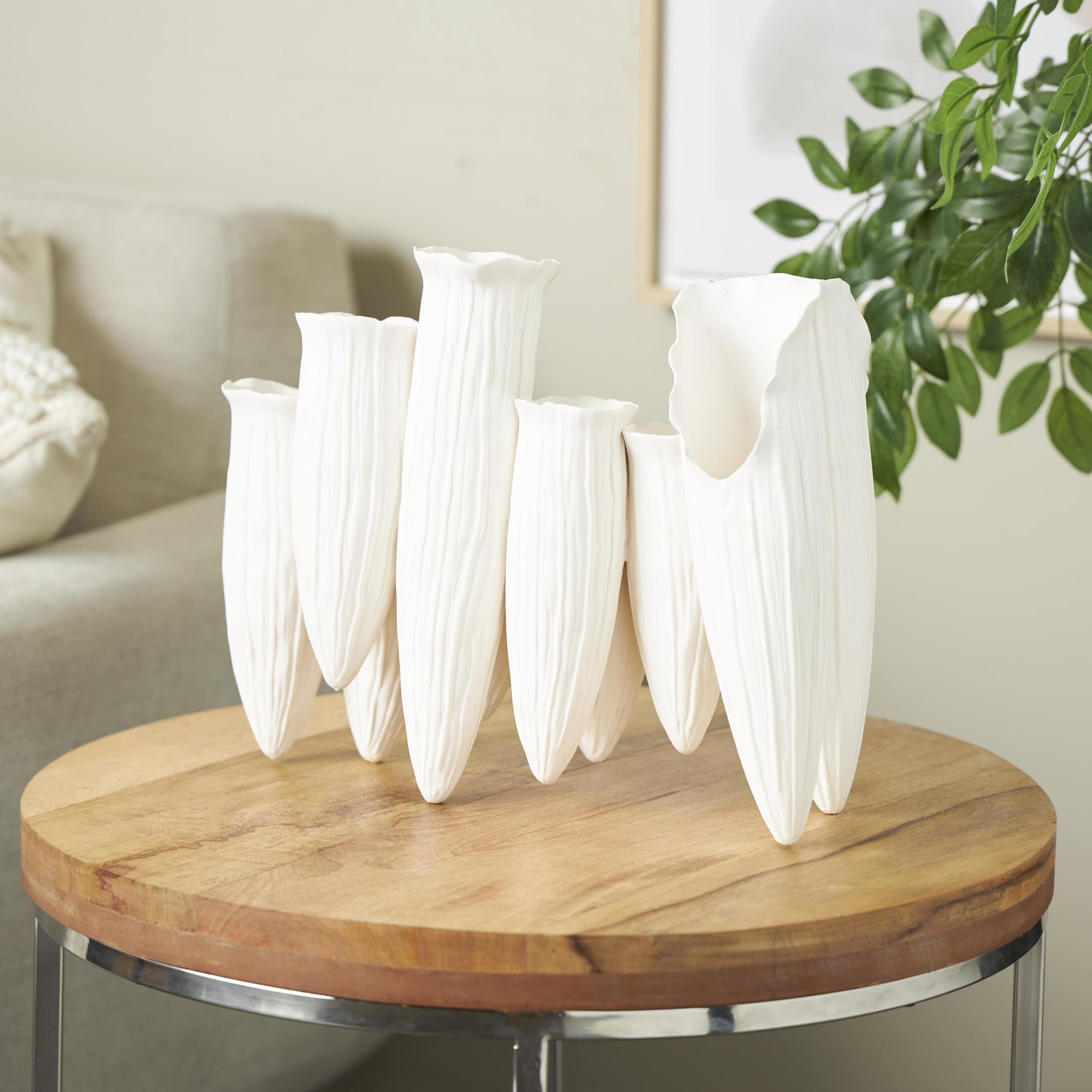 DecMode 11" Abstract Floral Inspired White Ceramic Vase with Linear Grooves and 10 Openings
