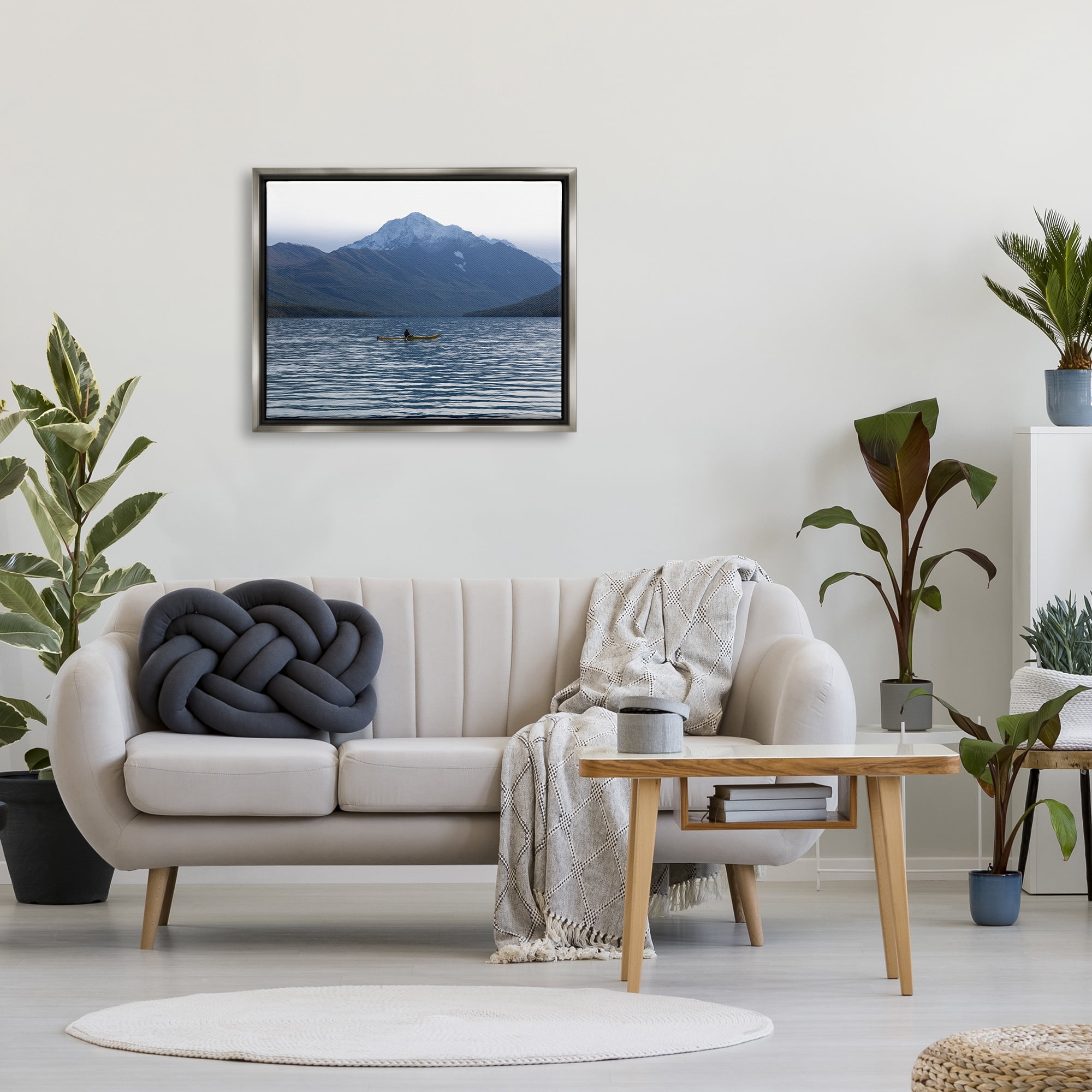 Stupell Industries Canoe & Mountain Lake Landscape Photography Gray Floater Framed Canvas Art Print Wall Art, 31 x 25