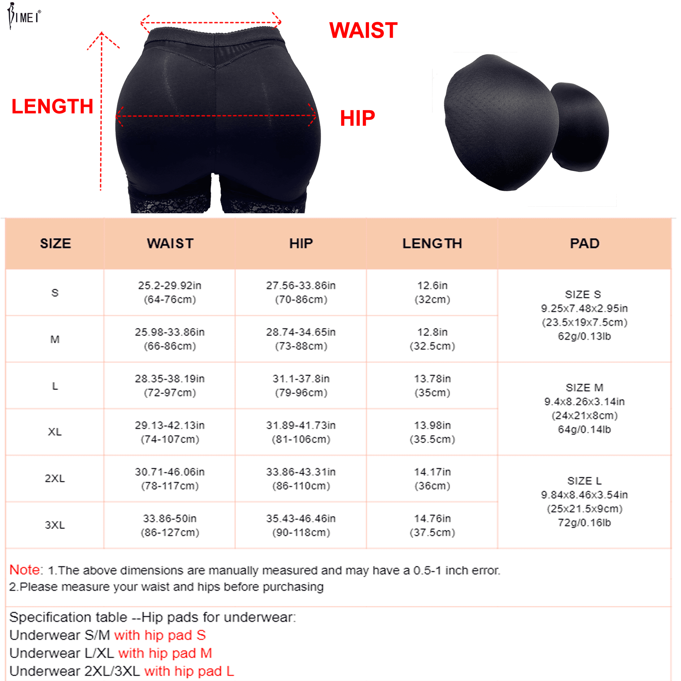 BIMEI 2PS Lace Women Hips and Butt Lifter 2 Removable Butt Pads