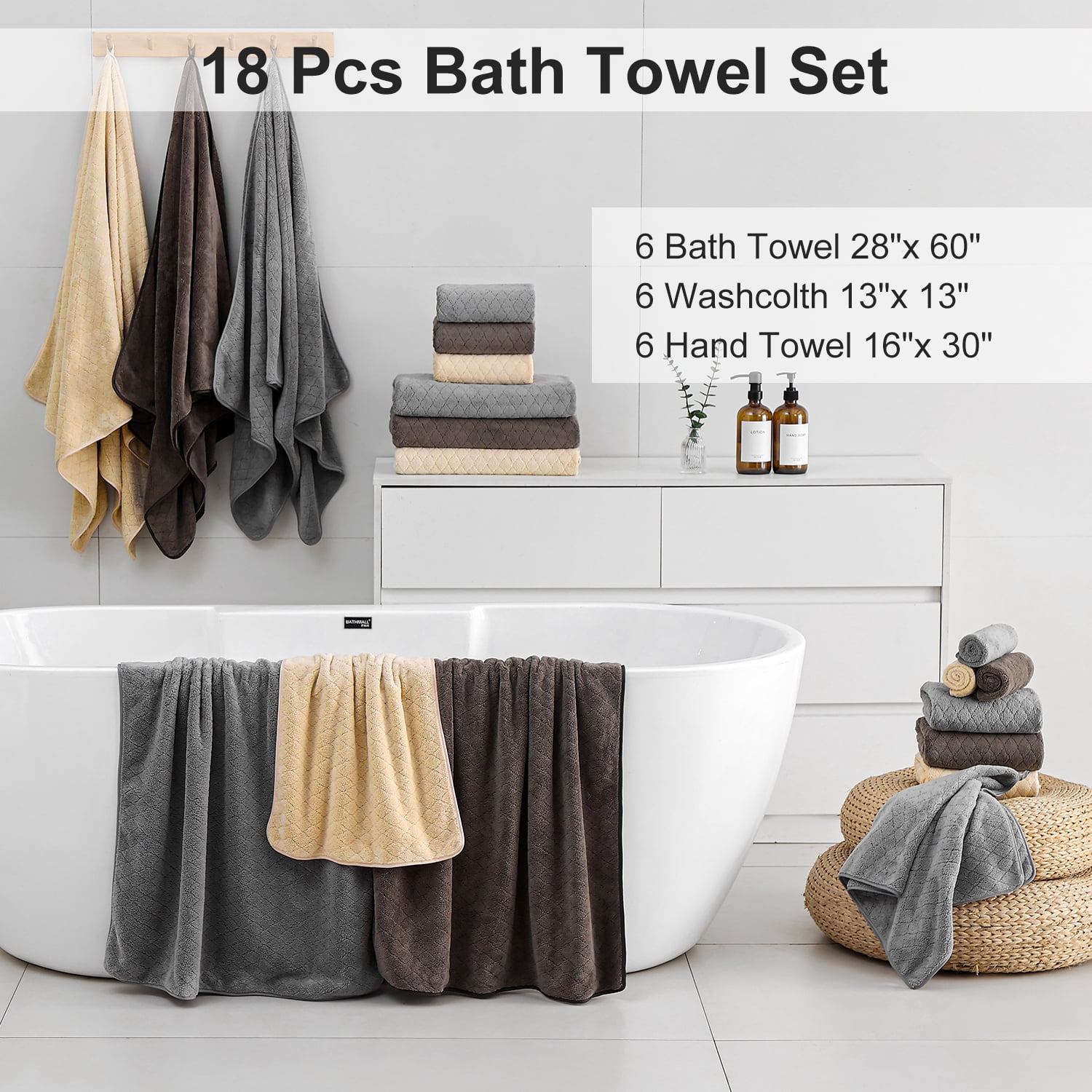 Smuge 18 pcs Bath Towel Sets, Include 6 Bath Sheet Towels, 6 Hand Towels, 6 Washcloths, Soft Microfiber Highly Absorbent Shower Towel for Bathroom Gym Spa(Apricot Yellow)