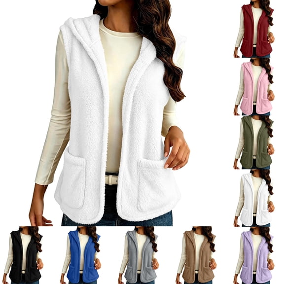 Chiccall Women's Sherpa Fleece Hooded Vest, Open‑Front Sleeveless Cardigan Jacket Casual Warm Gilet Coat