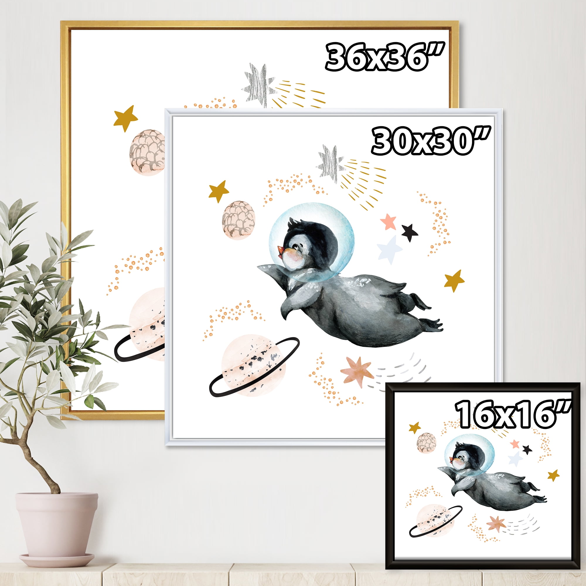 Designart 'Little Penguin Flying Planets and Stars II' Farmhouse Framed Canvas Wall Art Print