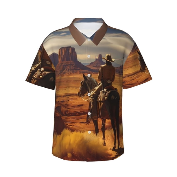 Fotbe Western Desert Cowboy Cloud Camisa Hawaiana para Hombre Unisex – Camisa Casual de Verano con Botones de Manga Corta de Algodón y Lino,Small
