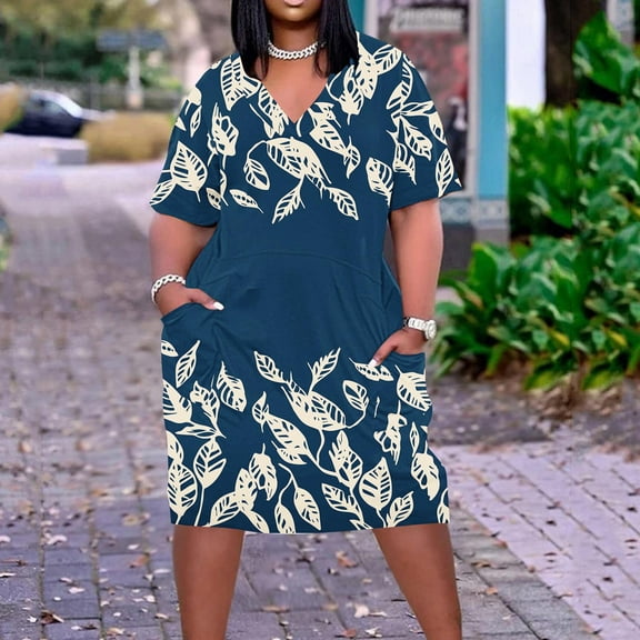 Yotami Short Sleeve Plus Size Dress for Women V-Neck Midi Dress with Pocket Summer Floral Print Sundress for Outdoor