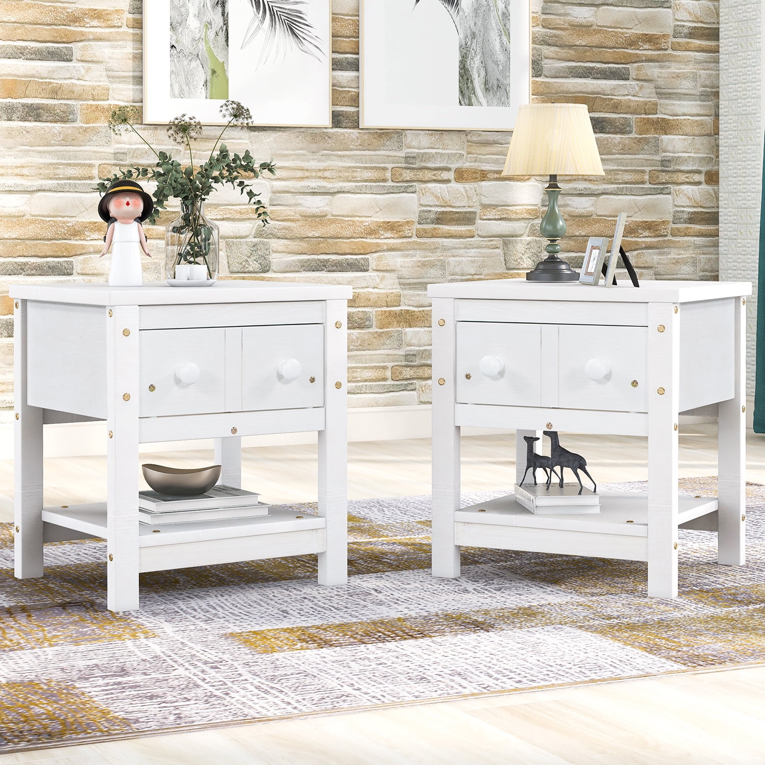 Resenkos Modern Set of 2 Nightstand with Drawer and Shelf, Bedroom Wood Bedside Table, Brushed White